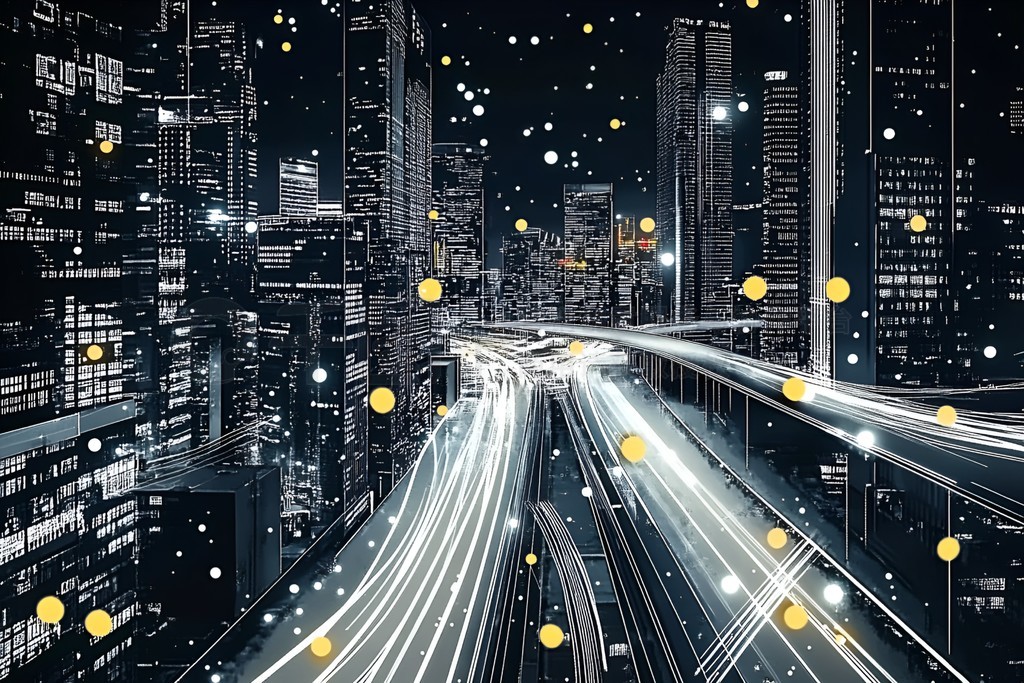 交通科技3D渲染現代都市夜景高樓大廈高速公路黃色光點插畫